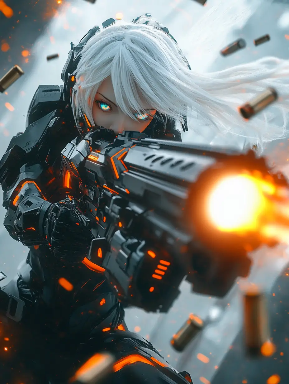 White haired cyber girl firing a sci fi machine gun