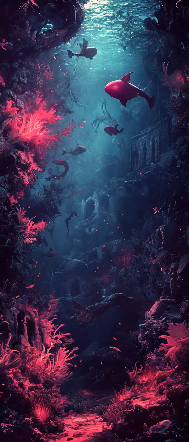Surreal underwater world with fantastical creatures and ruins