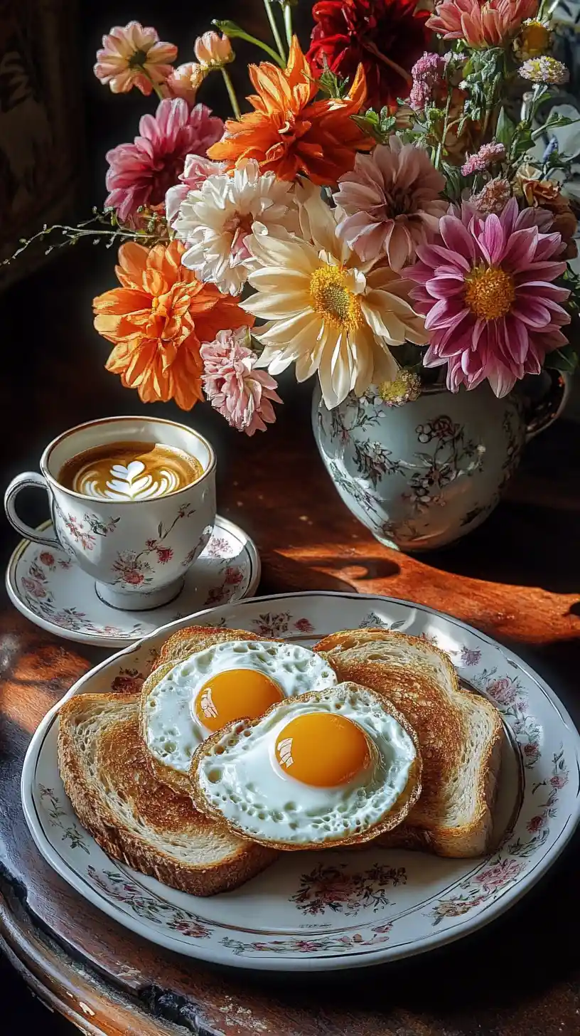 Still life breakfast with eggs toast and coffee