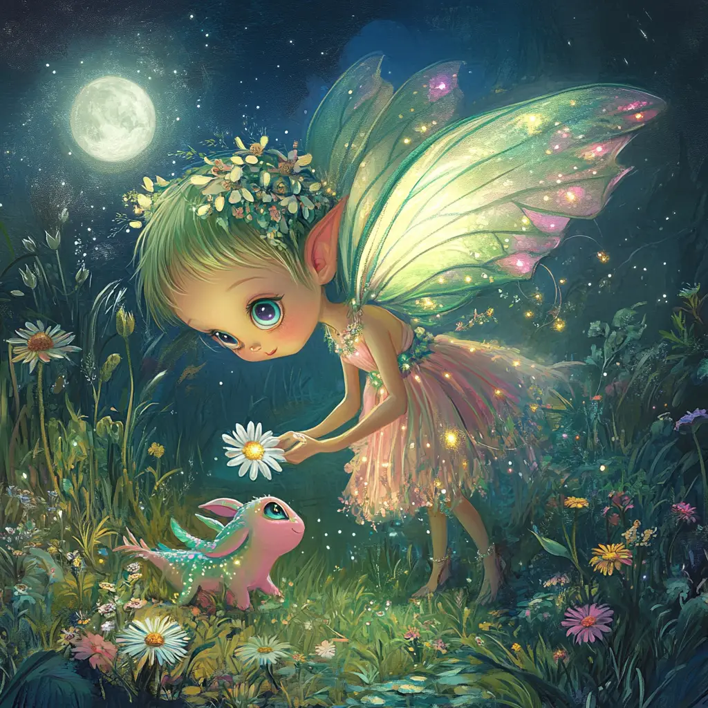 Pastel green fairy with daisy in moonlit meadow