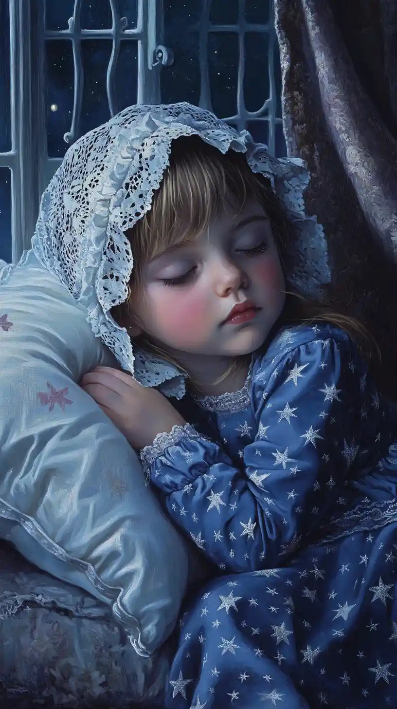 Sleeping girl in blue pajamas in moonlit bedroom