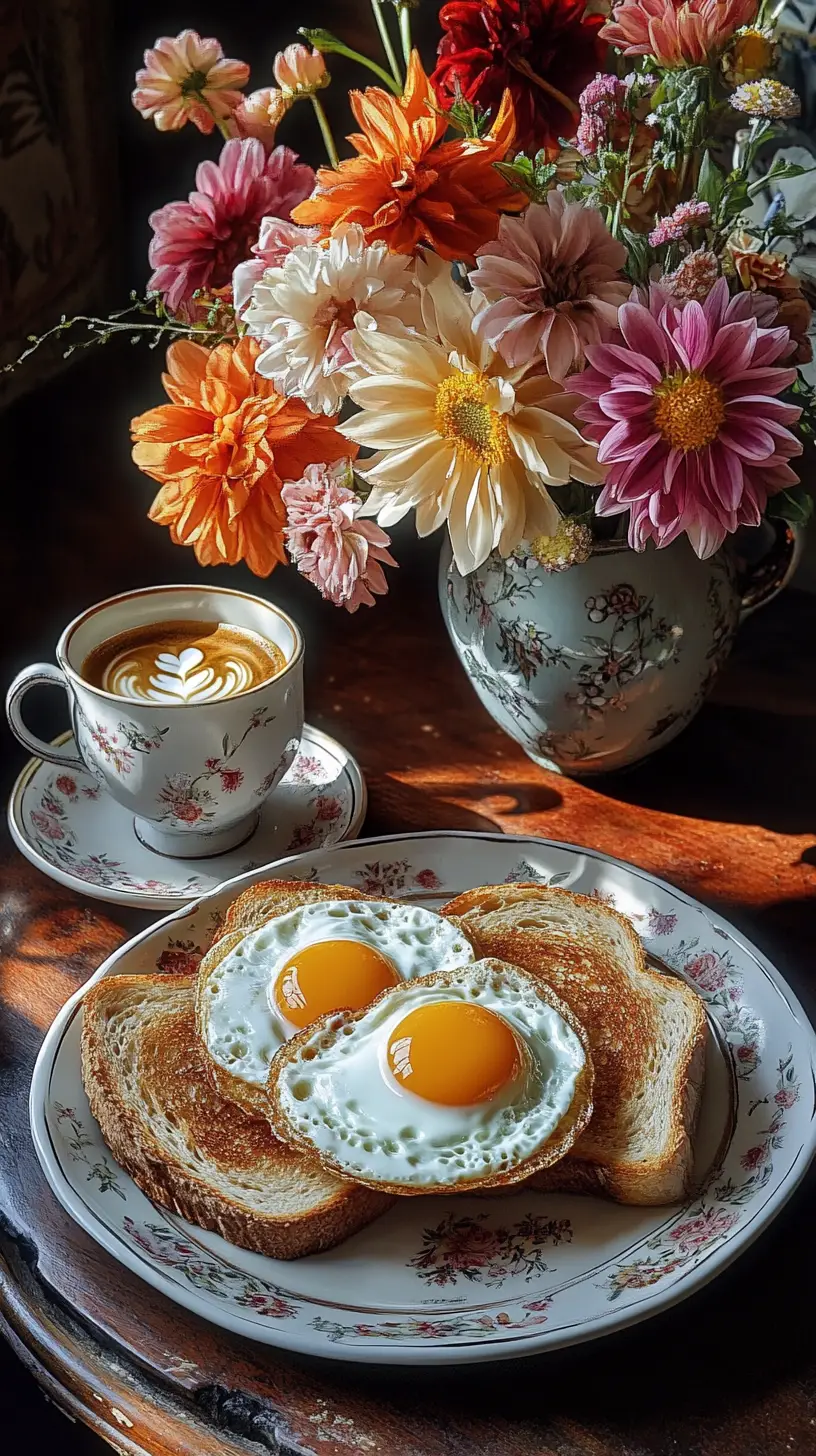 Still life breakfast with eggs toast and coffee