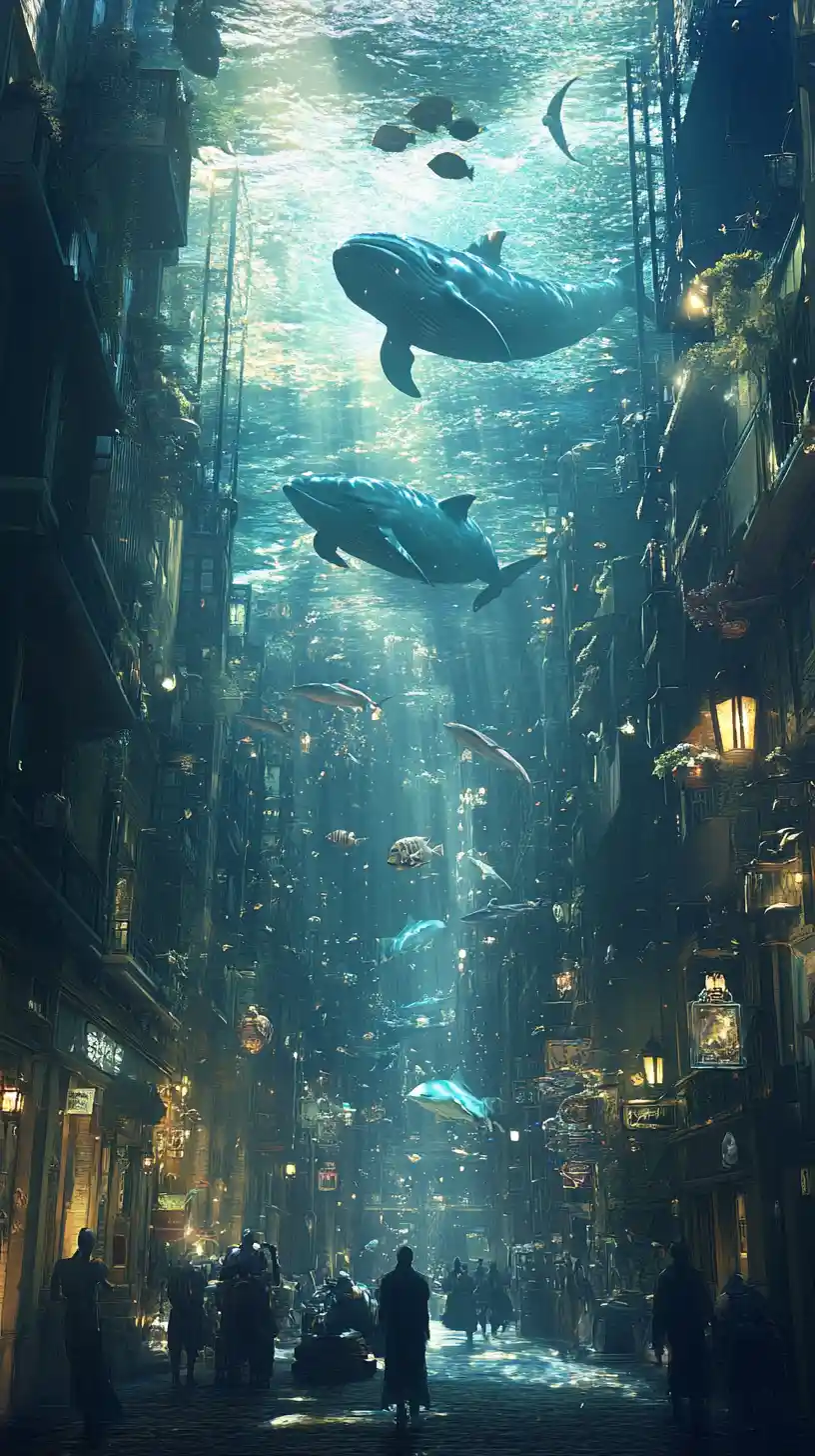 Surreal ocean sky above a city with swimming sea life