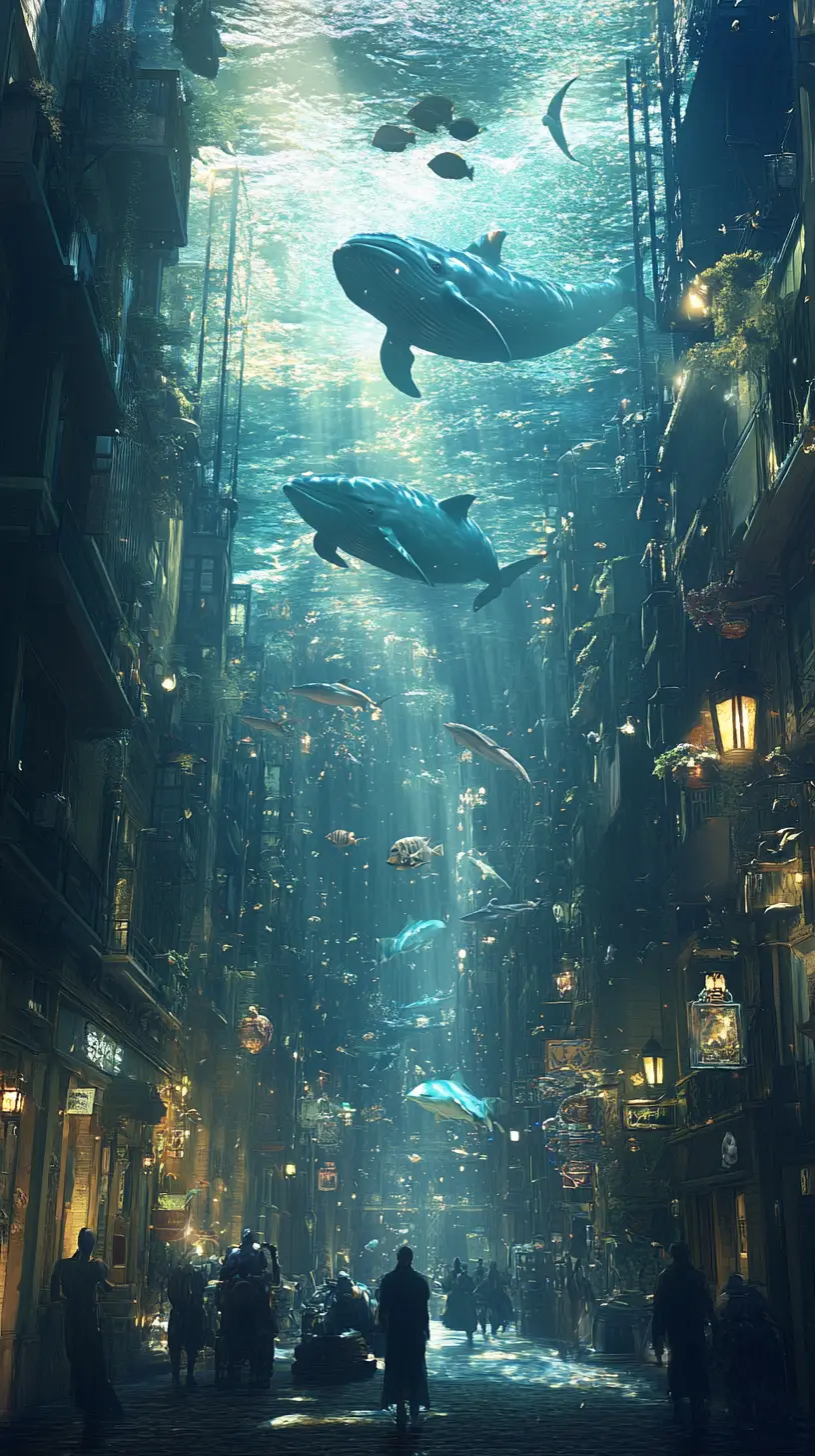 Surreal ocean sky above a city with swimming sea life