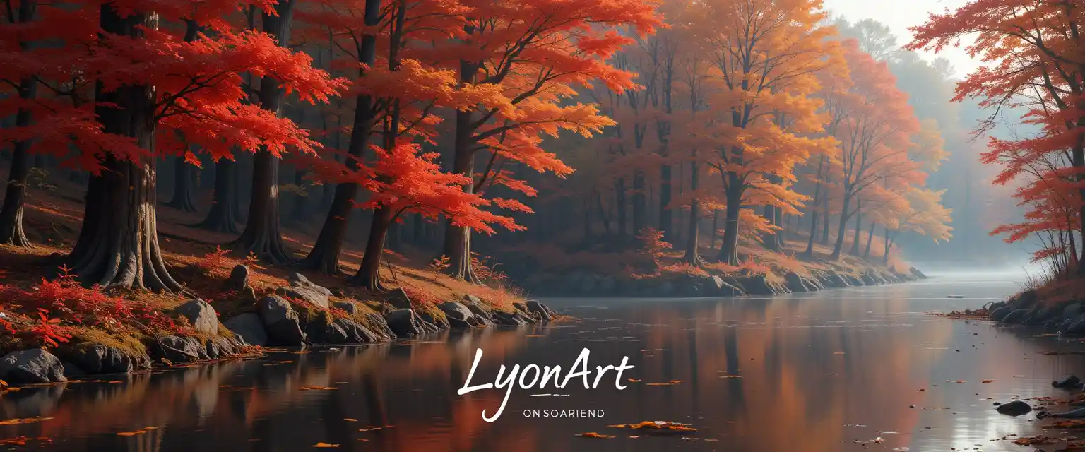 Autumn forest reflected in a calm river with warm light
