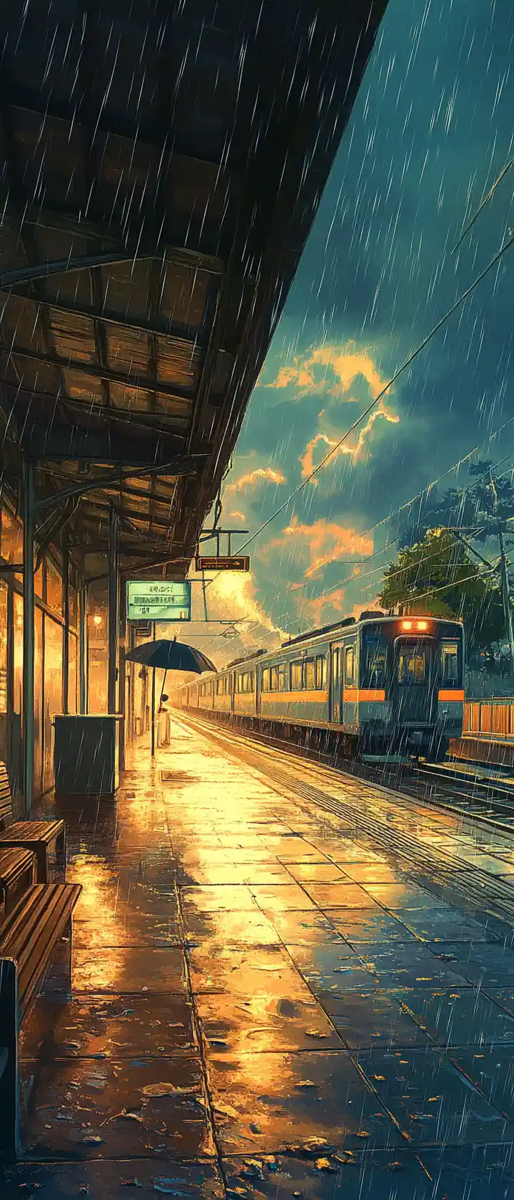 Desolate Railway Platform At Dusk With Lone Umbrella