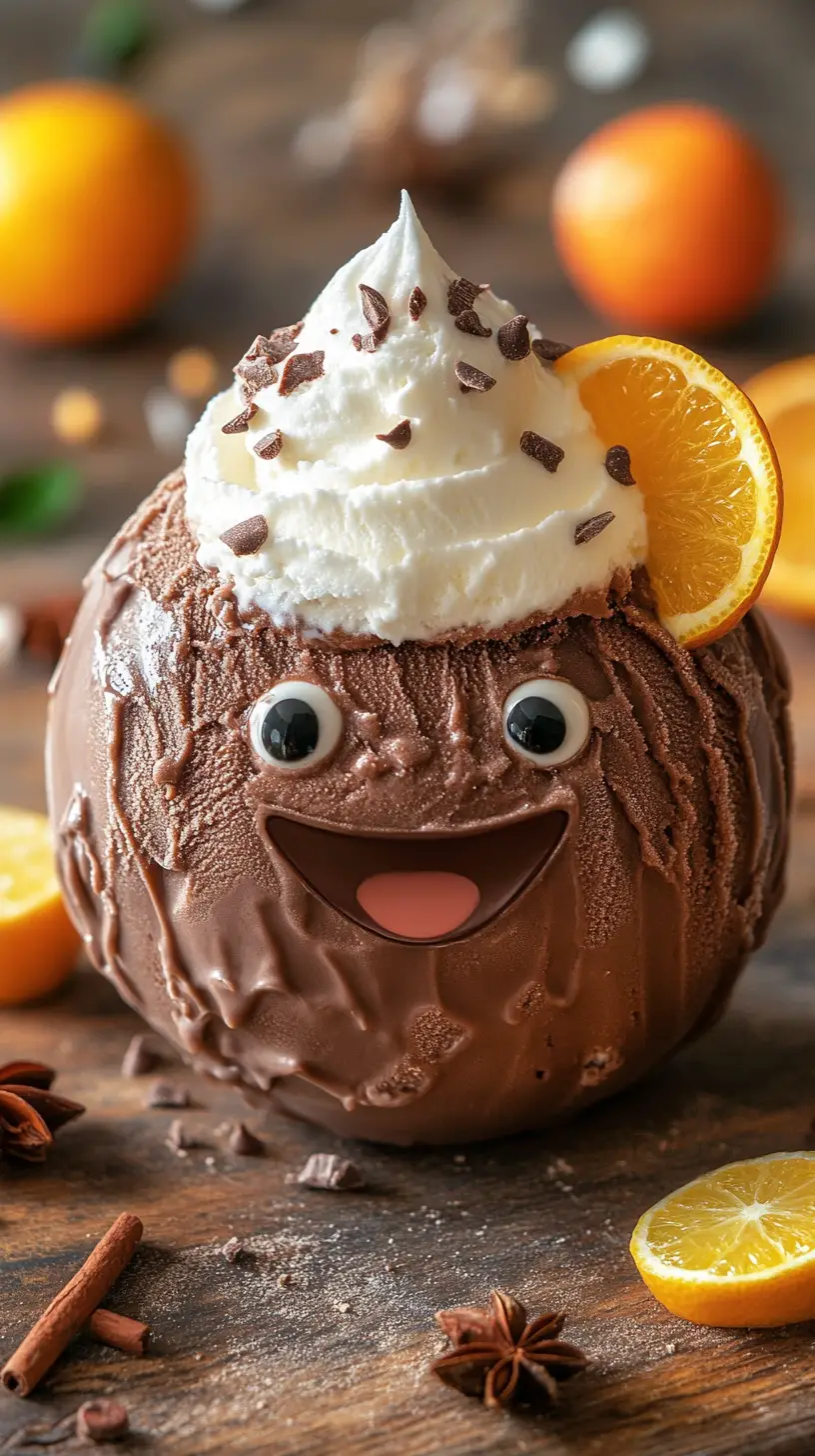 Cartoon chocolate ice cream scoop with happy smiling face