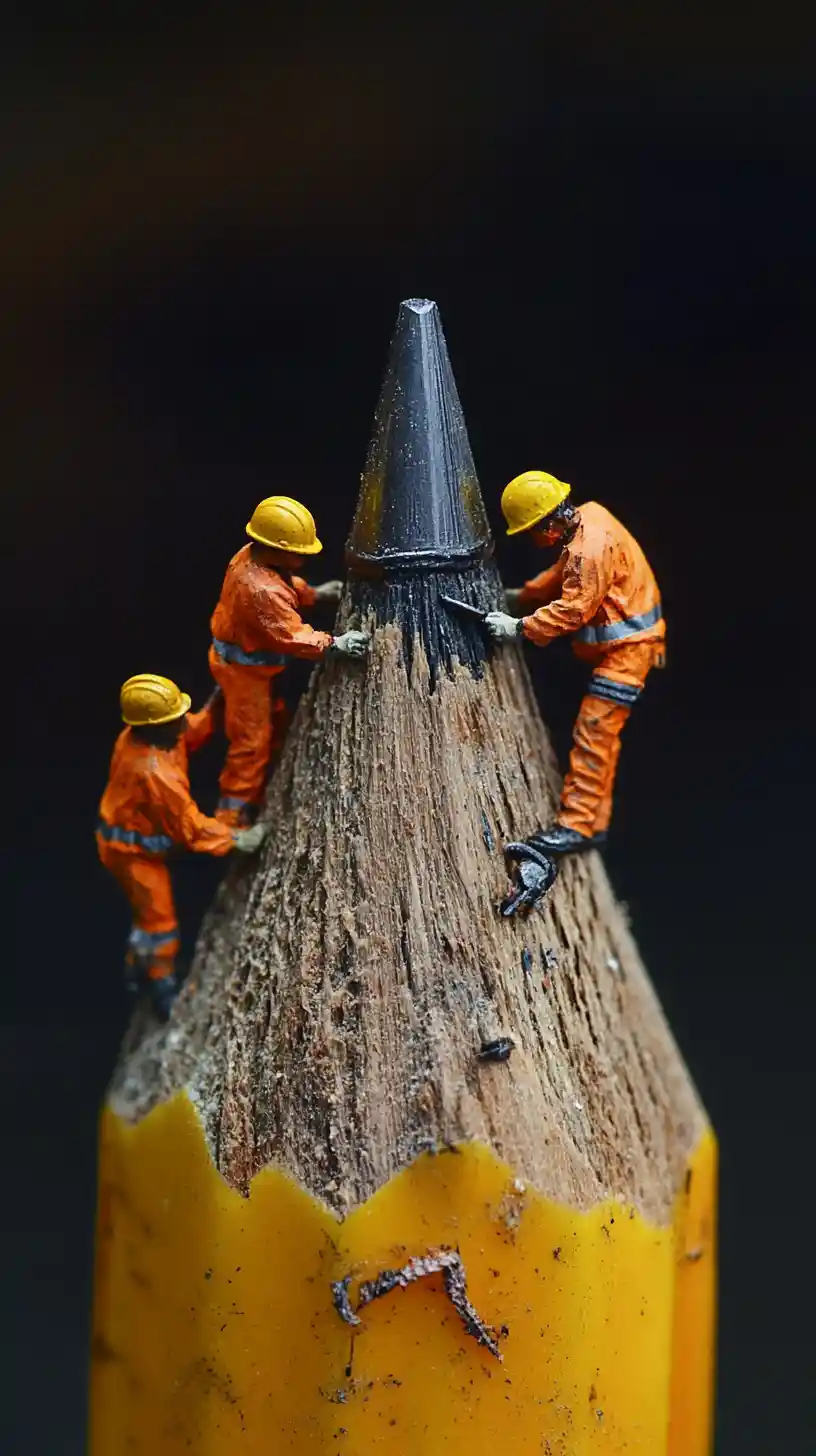 Miniature workers building a giant pencil construction scene