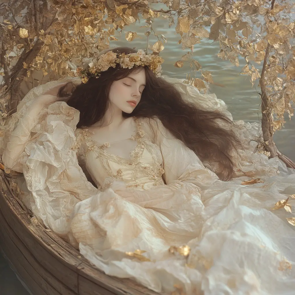 Mujer durmiendo en un bote bajo un arco de bosque dorado
