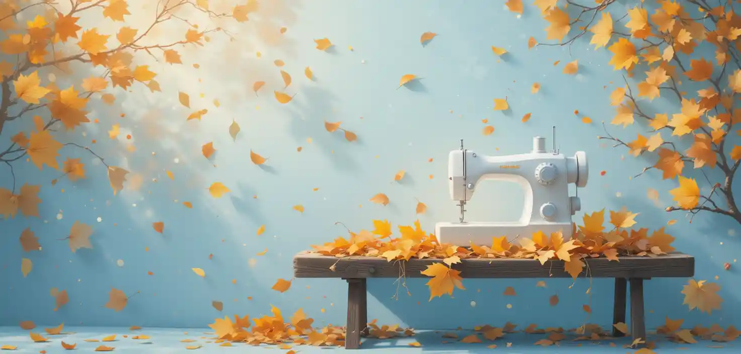 Autumn sewing machine illustration with leaves and beads