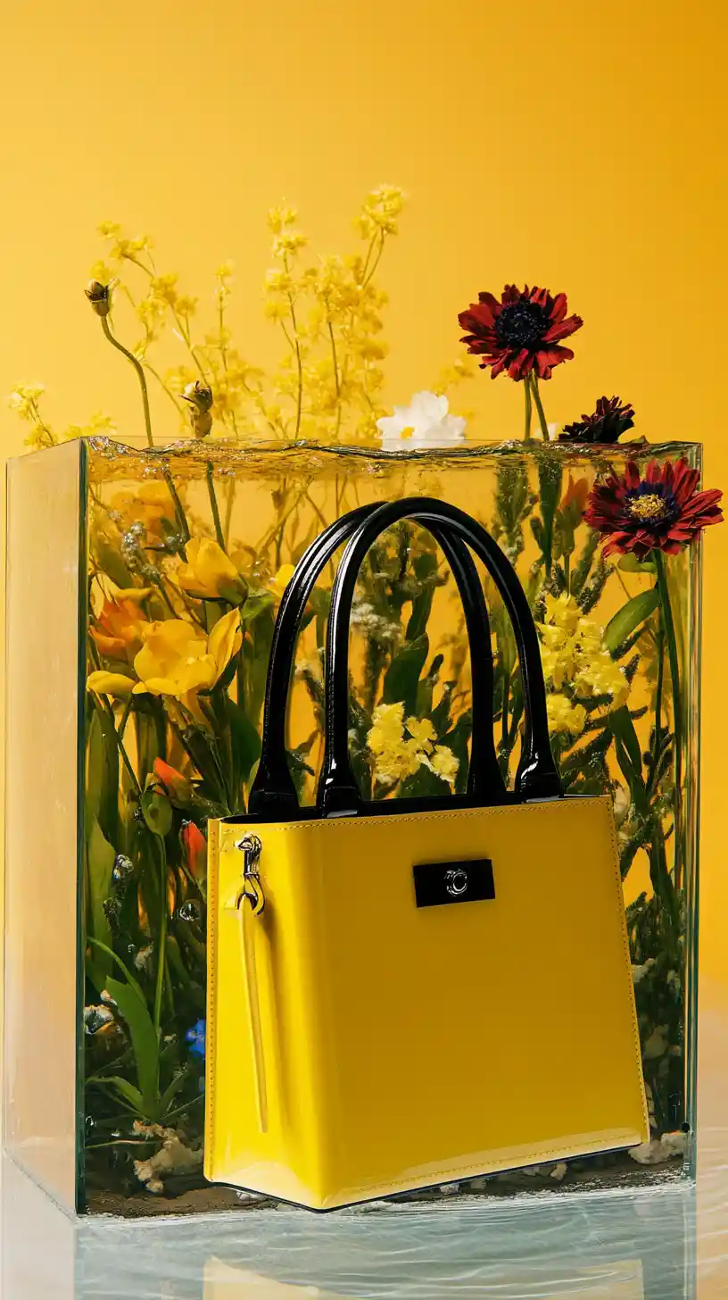 Minimalist product shot of handbag and floral aquarium contrast