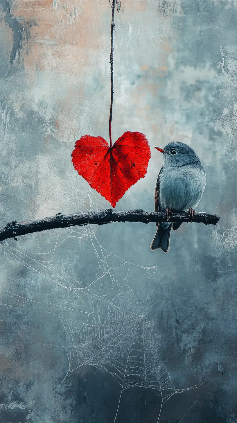 Heart shaped red leaf with cobwebs and small bird