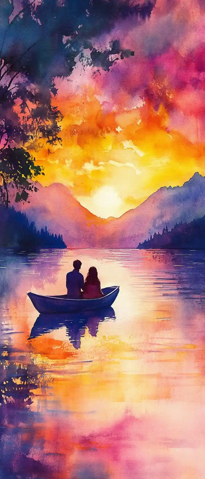 Aquarell eines Sees bei Sonnenuntergang mit jungem Paar im Boot