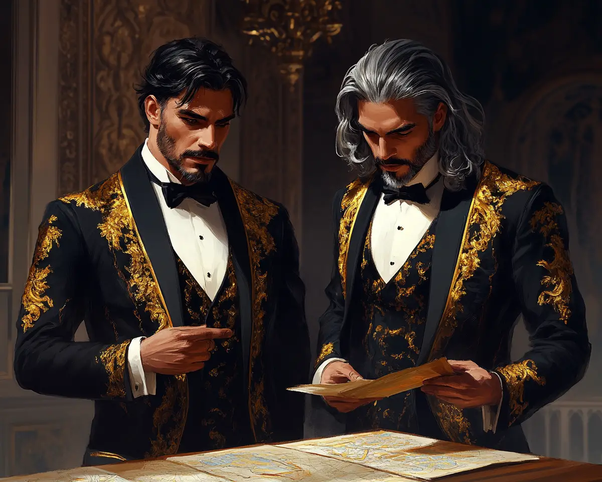 Two stylish men walking through a dim fashion hall