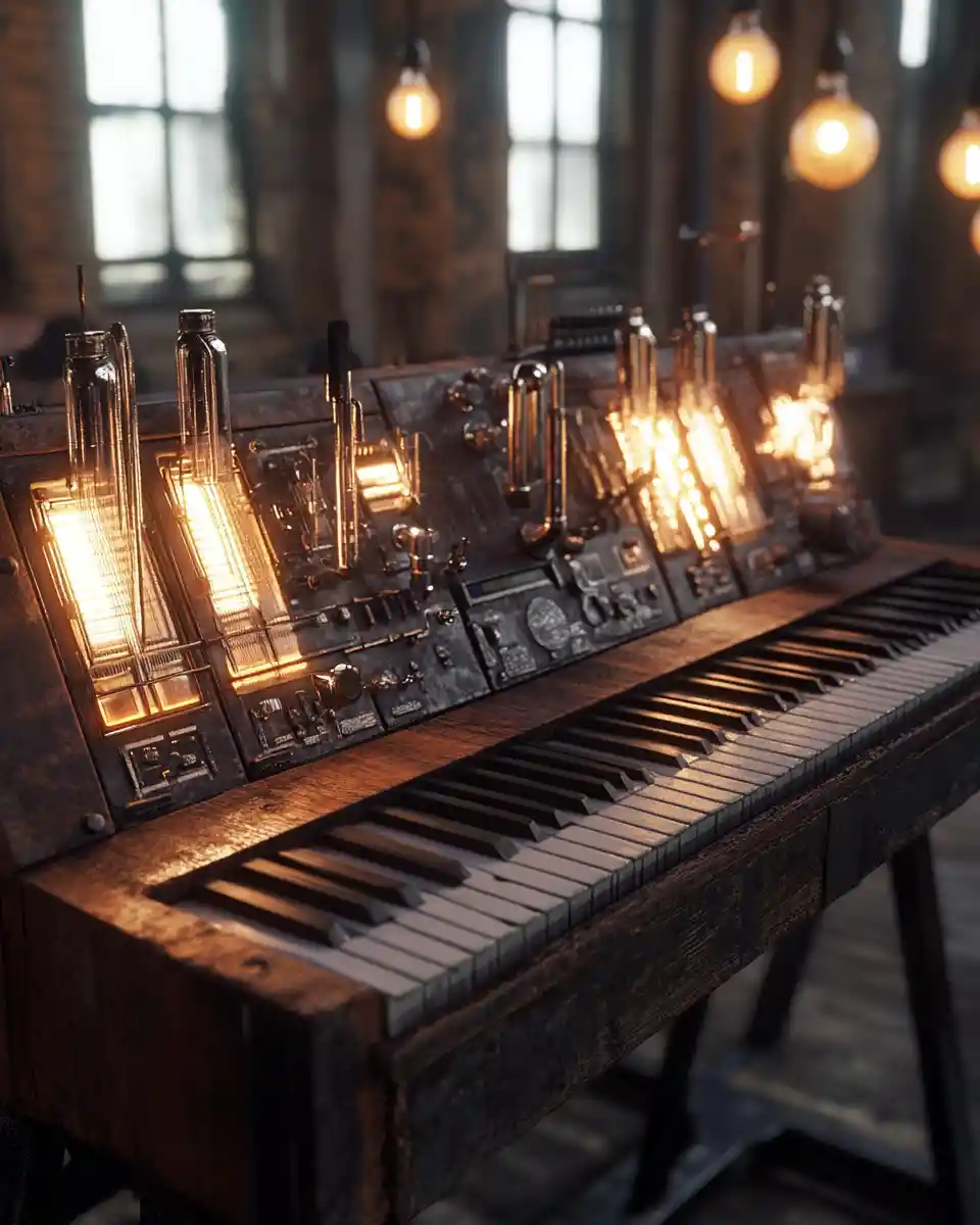 Analog synthesizer art installation with piano keyboard