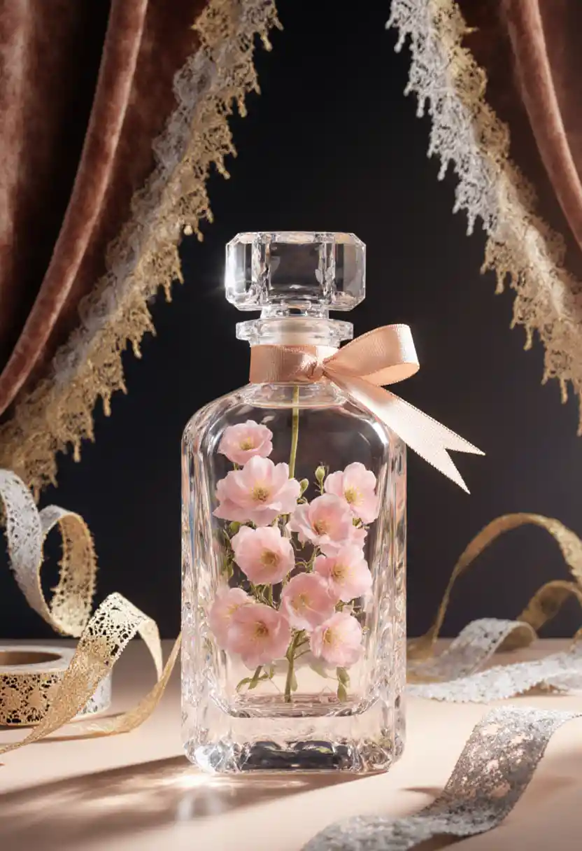 Luxurious glass perfume bottle with lace and velvet background