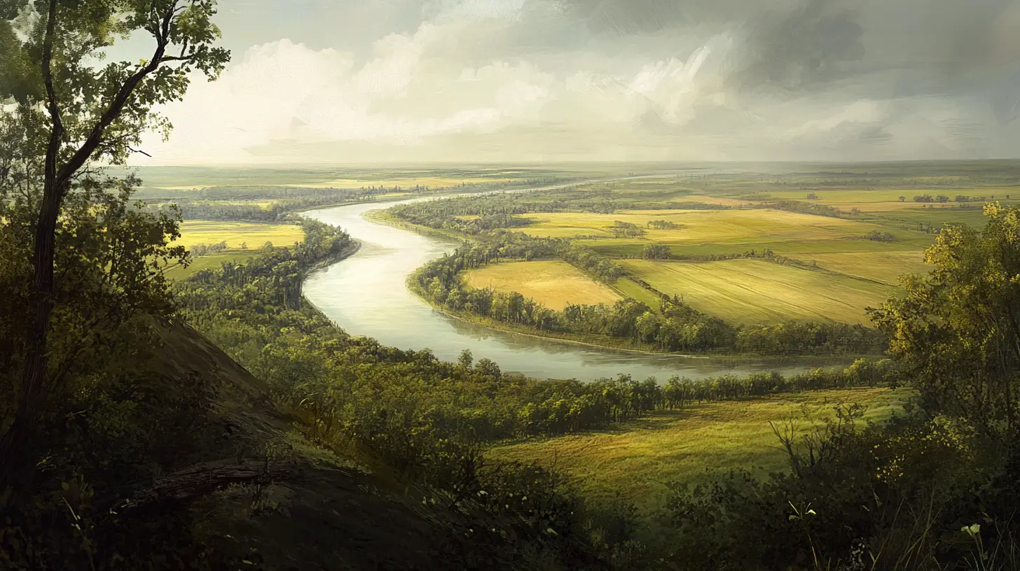 Renaissance style view over a calm midwestern river valley