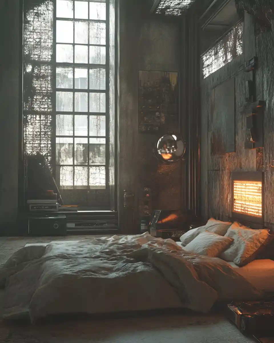 Futuristic brutalist studio apartment with cozy modern details