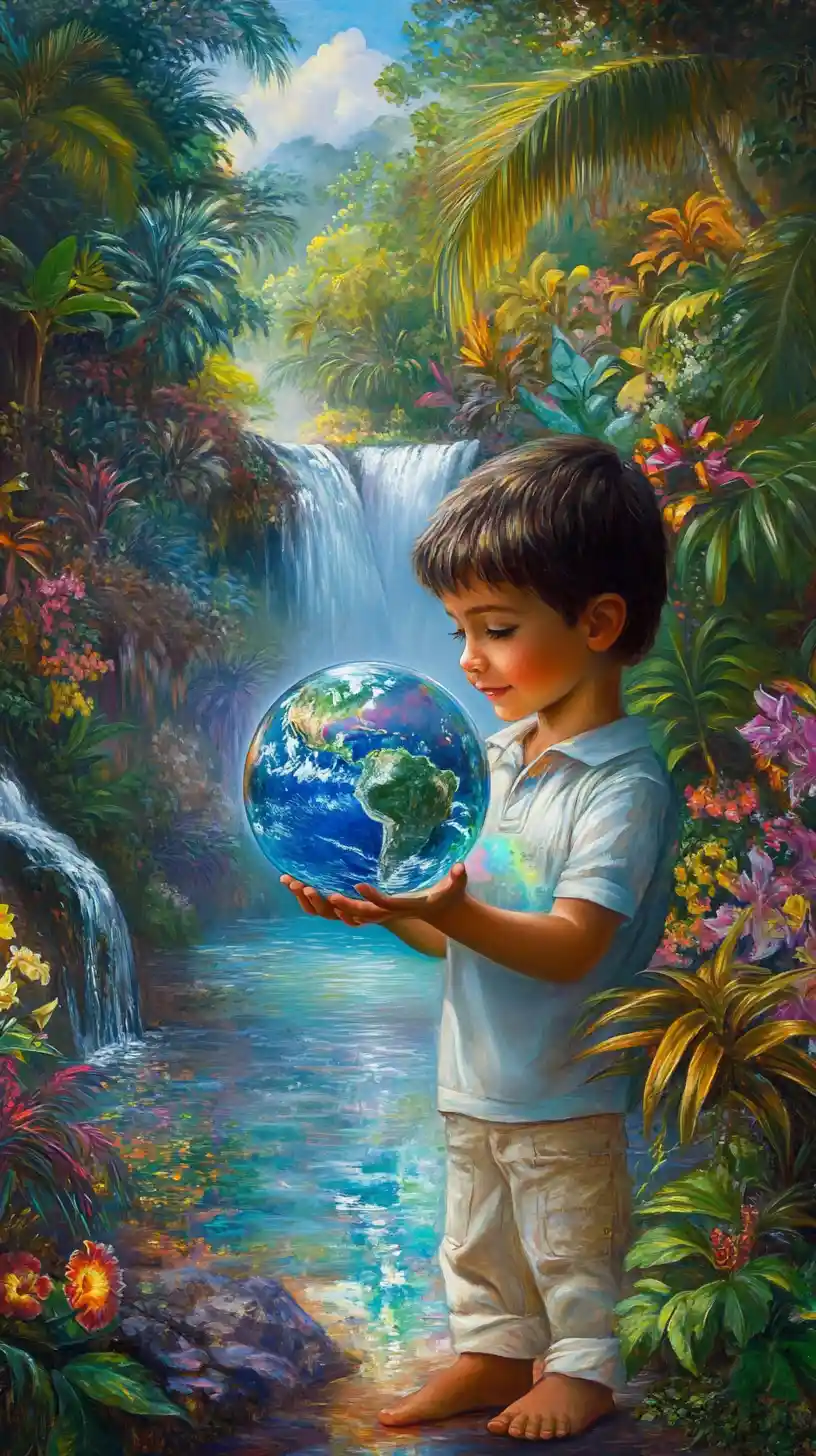 Little boy holding earth glass ball in paradise landscape