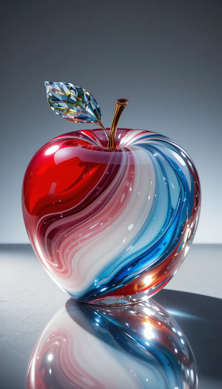 Glass apple with diamond leaf on reflective surface