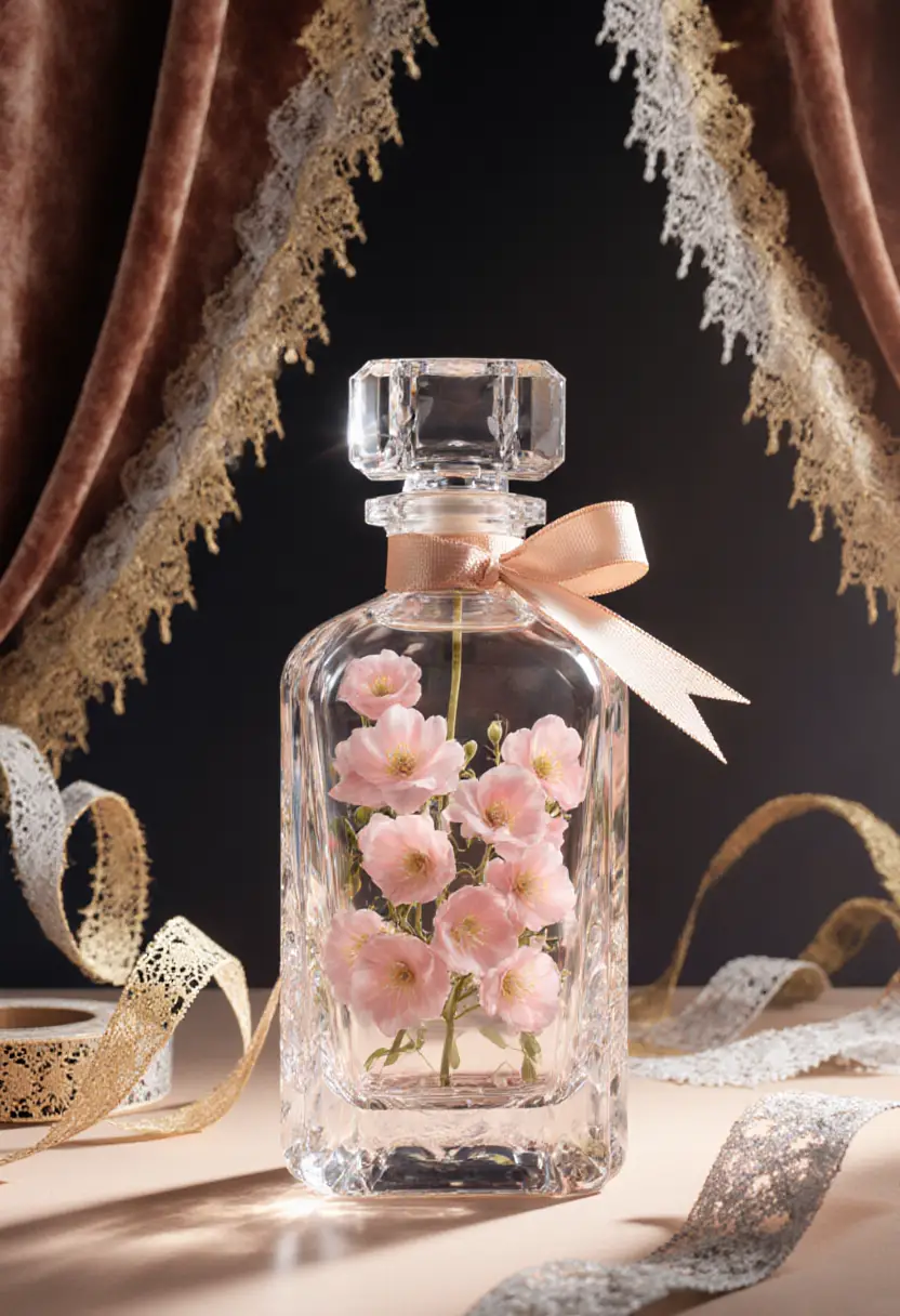 Luxurious glass perfume bottle with lace and velvet background