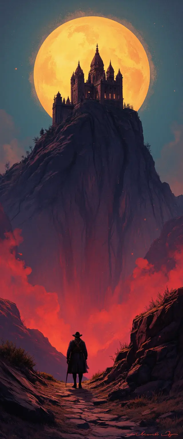 Ancient mountain temple under a full moon sky