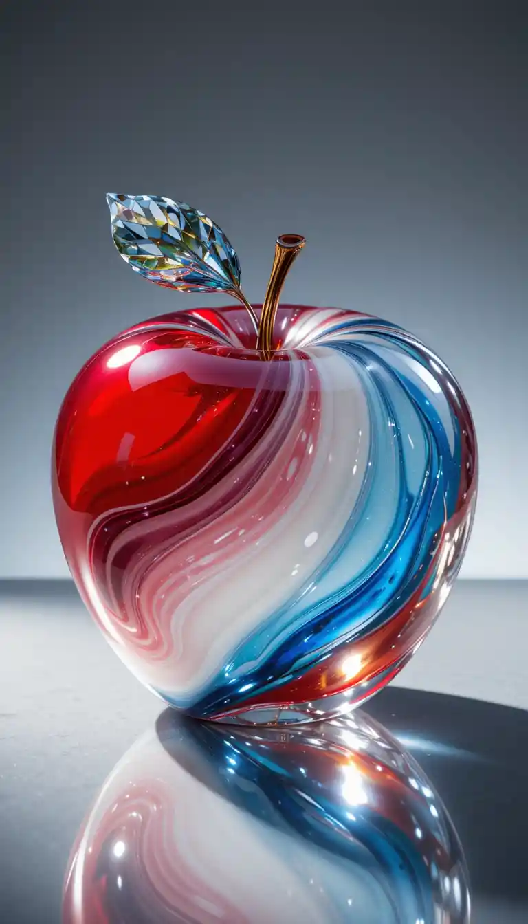 Glass apple with diamond leaf on reflective surface