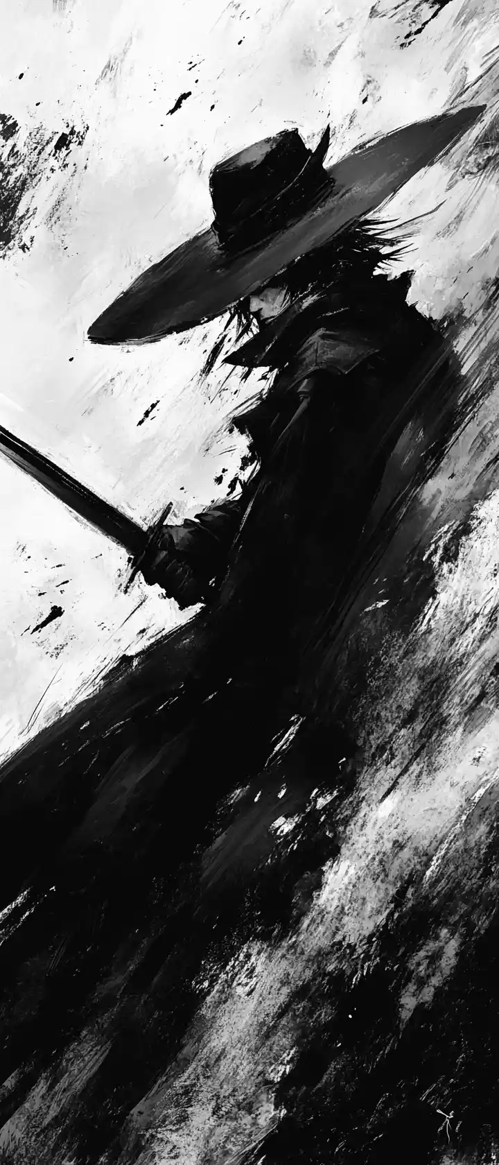 Dark manga warrior with hat and longsword in motion