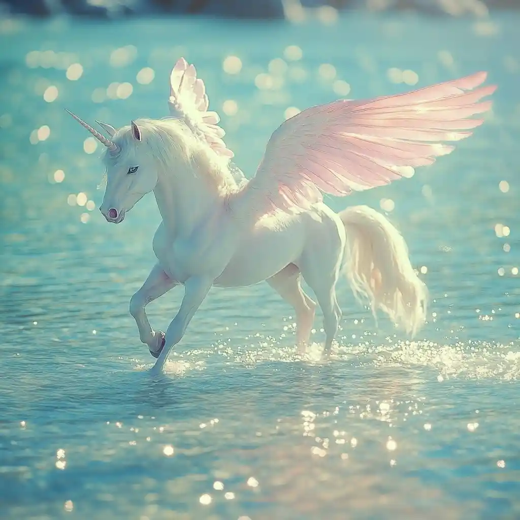 Pegasus unicorn walking on a crystal clear lake