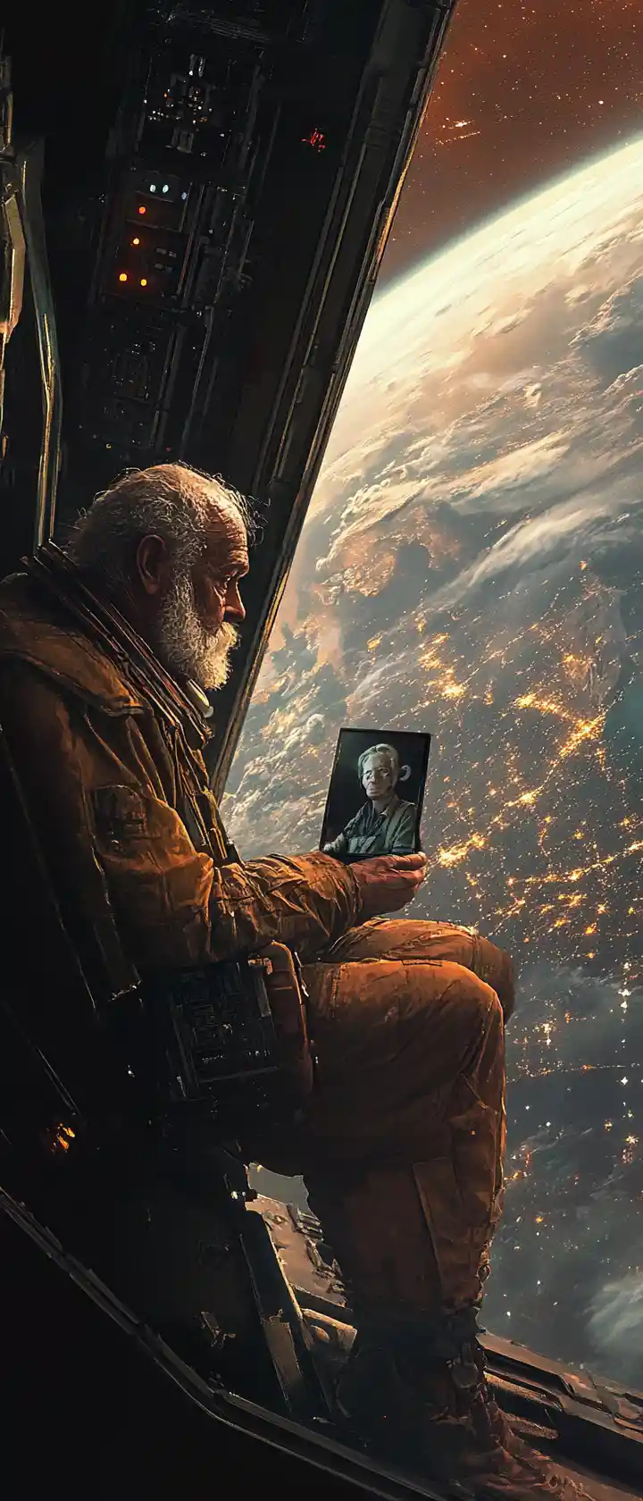 Elderly man in rusted spaceship gazing at distant Earth