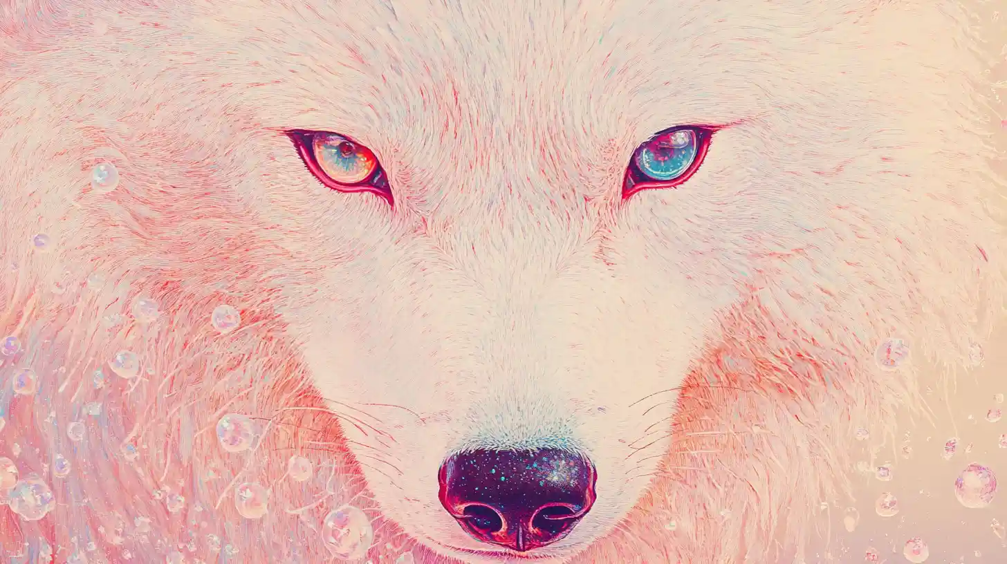 Close up white wolf with sparkling whimsical details