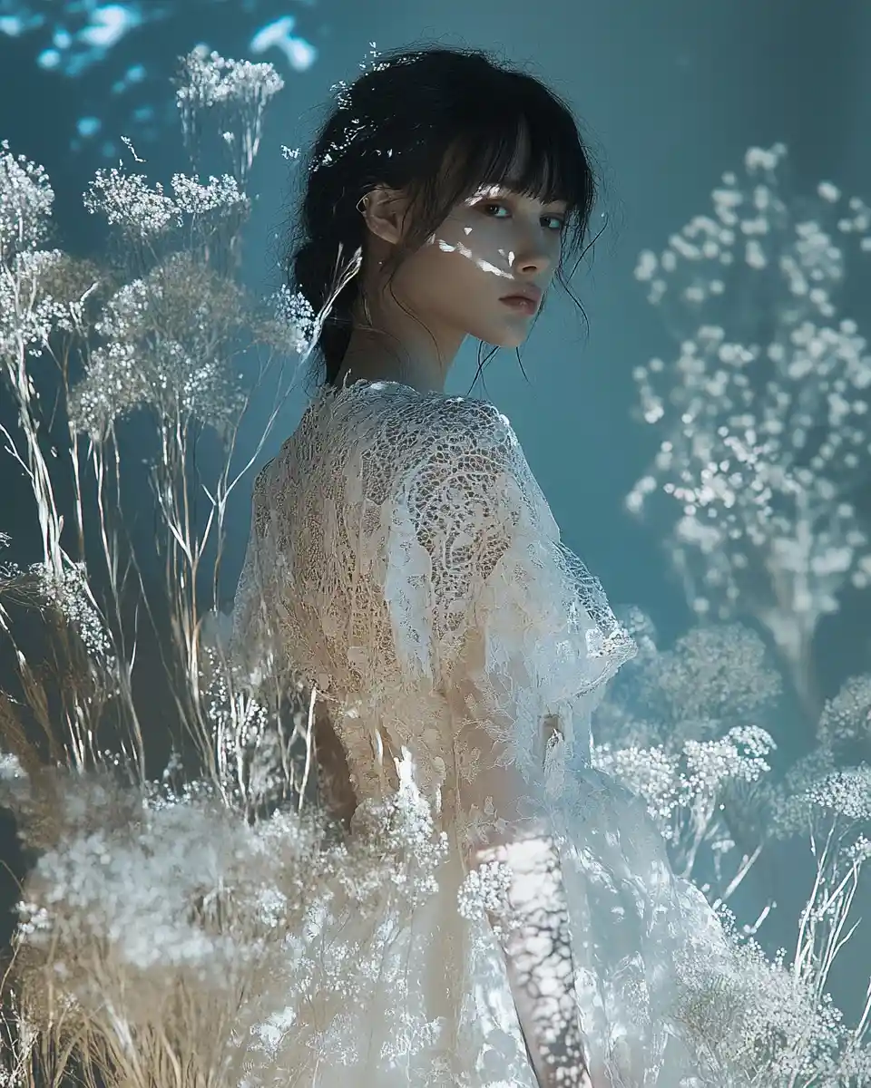 Déesse futuriste en textile organique et robe florale