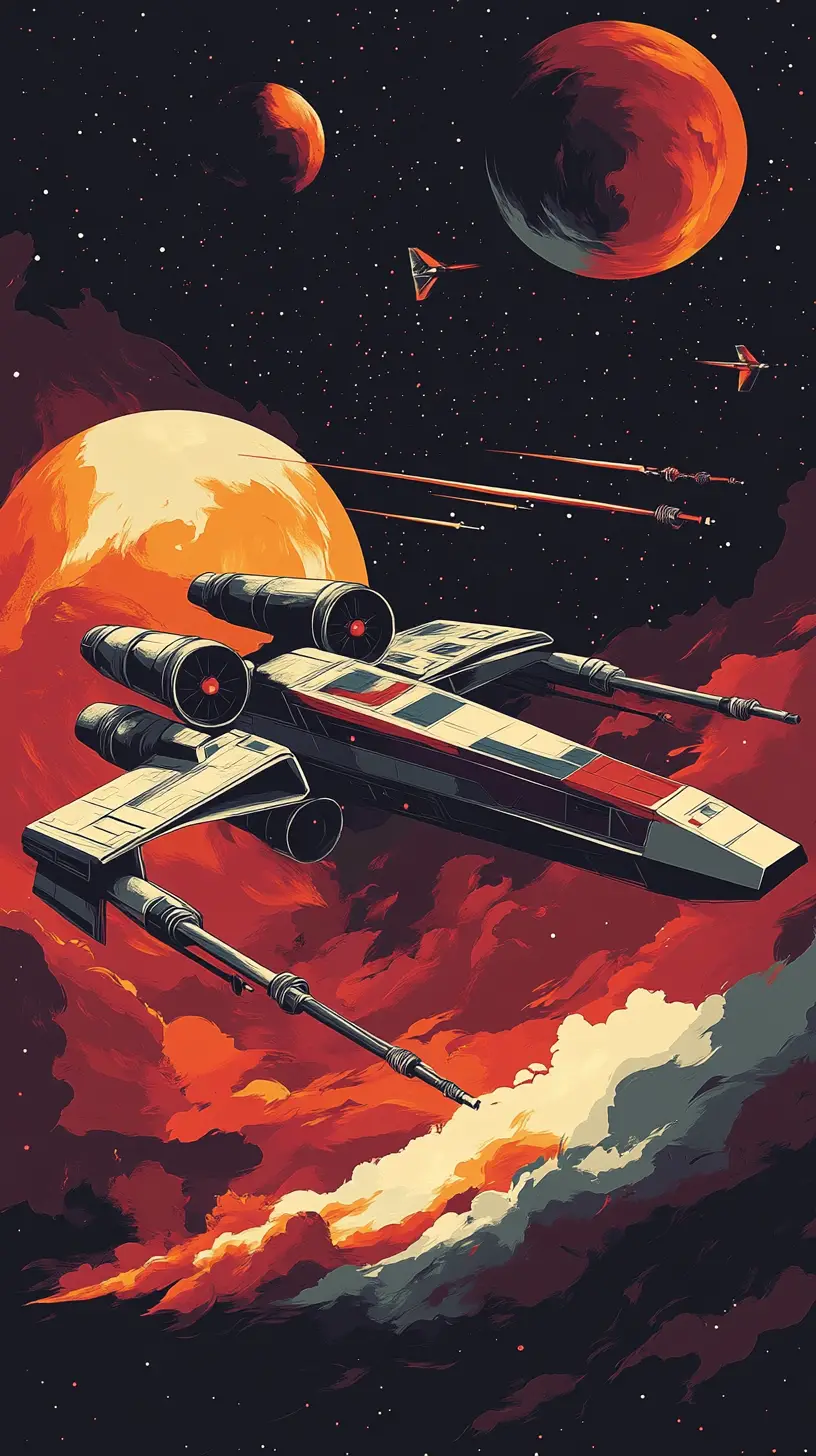 X wing spaceship diving through atmospheric battle scene