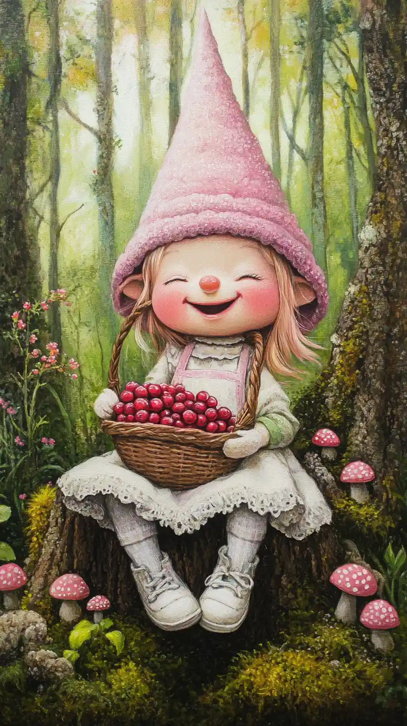 Woolen gnome girl with berries in a whimsical forest