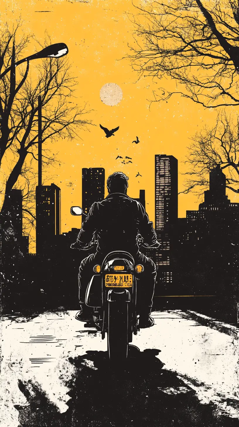 Comic style ink illustration with motorcycle and cityscape