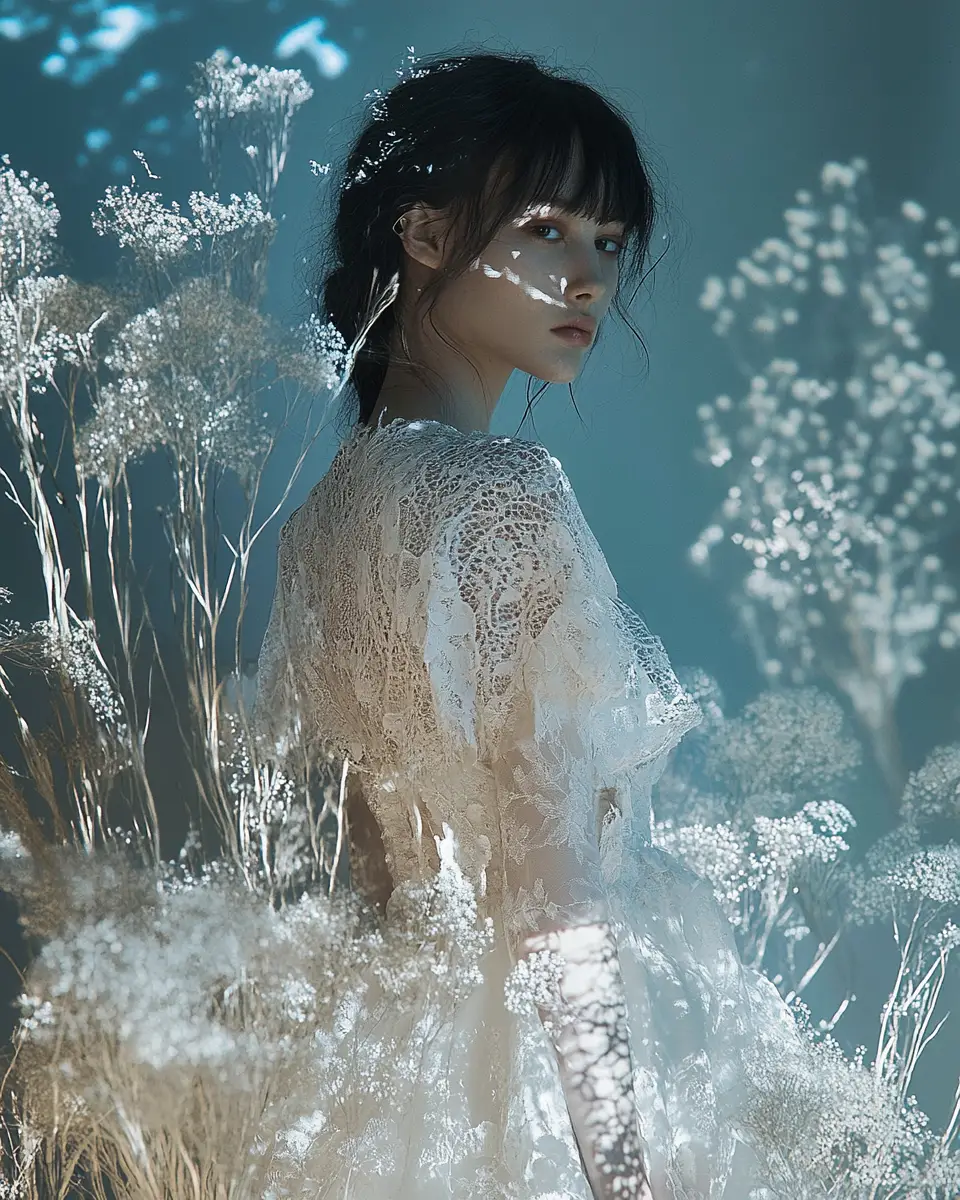 Déesse futuriste en textile organique et robe florale