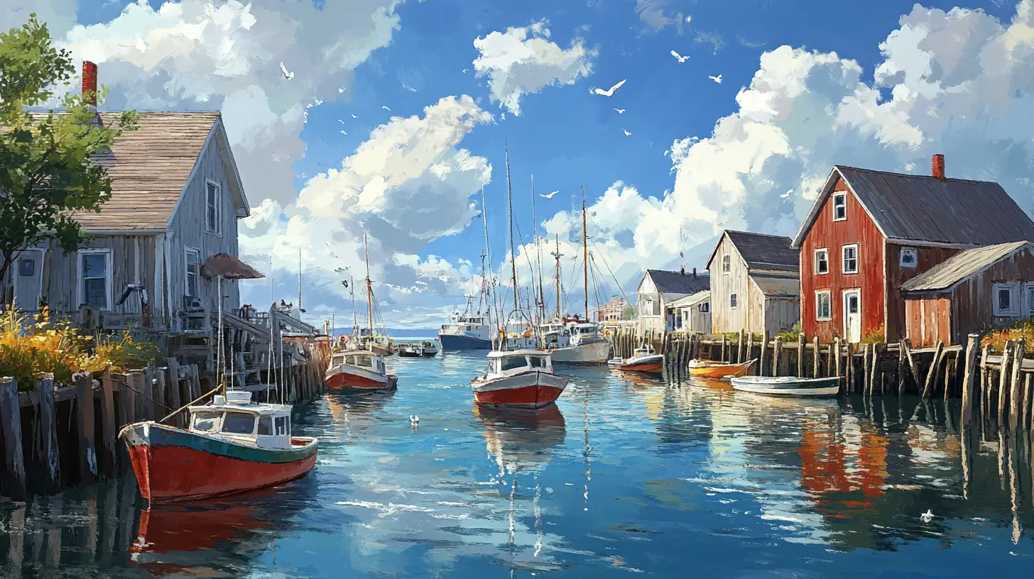 Tranquil Fishing Village With Boats And Wooden Docks