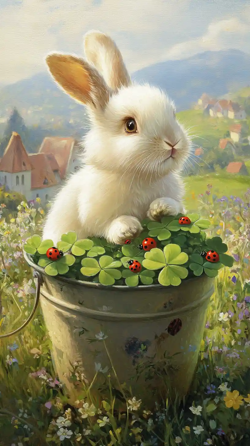 Cute white rabbit in clover filled bucket in meadow