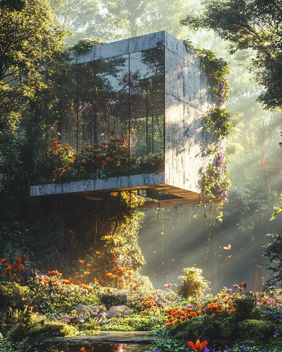 Futuristischer Öko-Tempel von der Natur zurückerobert auf einer Waldlichtung