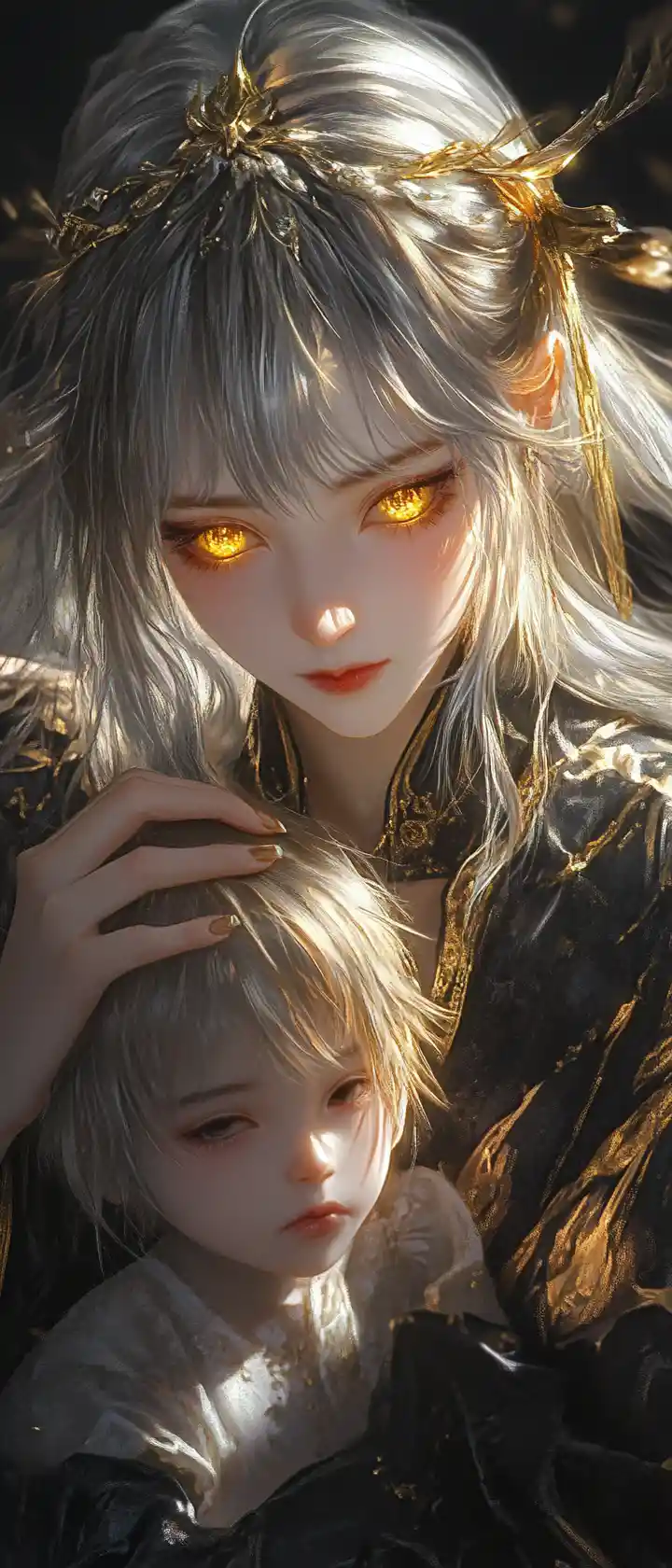 Melancholic girl with golden eyes in dark fantasy scene