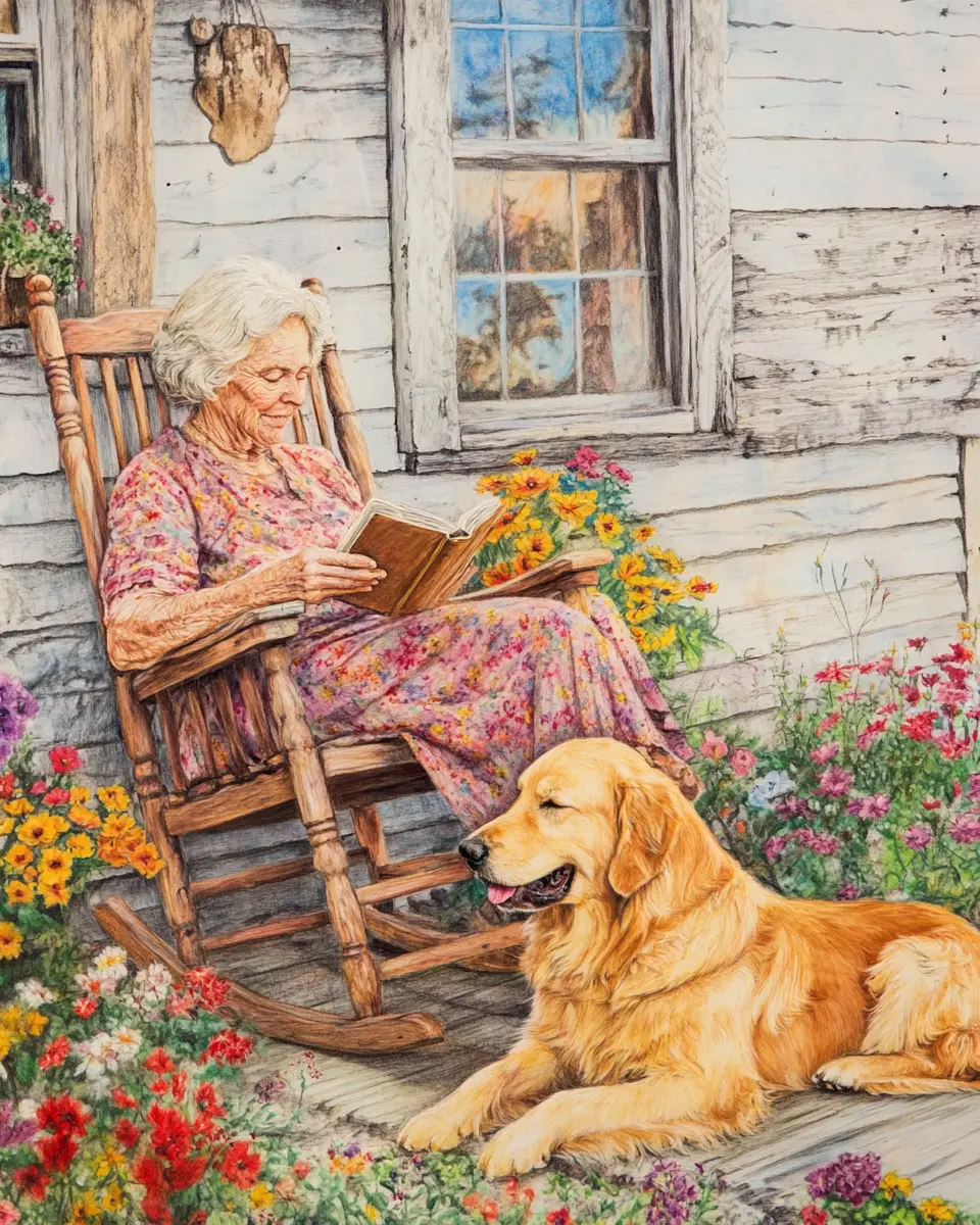Elderly Woman Reading On A Peaceful Porch At Sunset