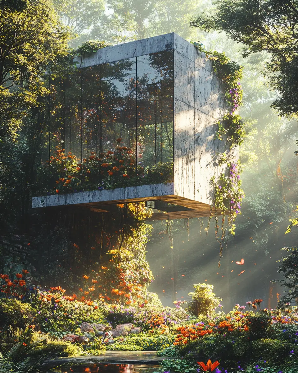 Futuristic eco temple reclaimed by nature in forest clearing