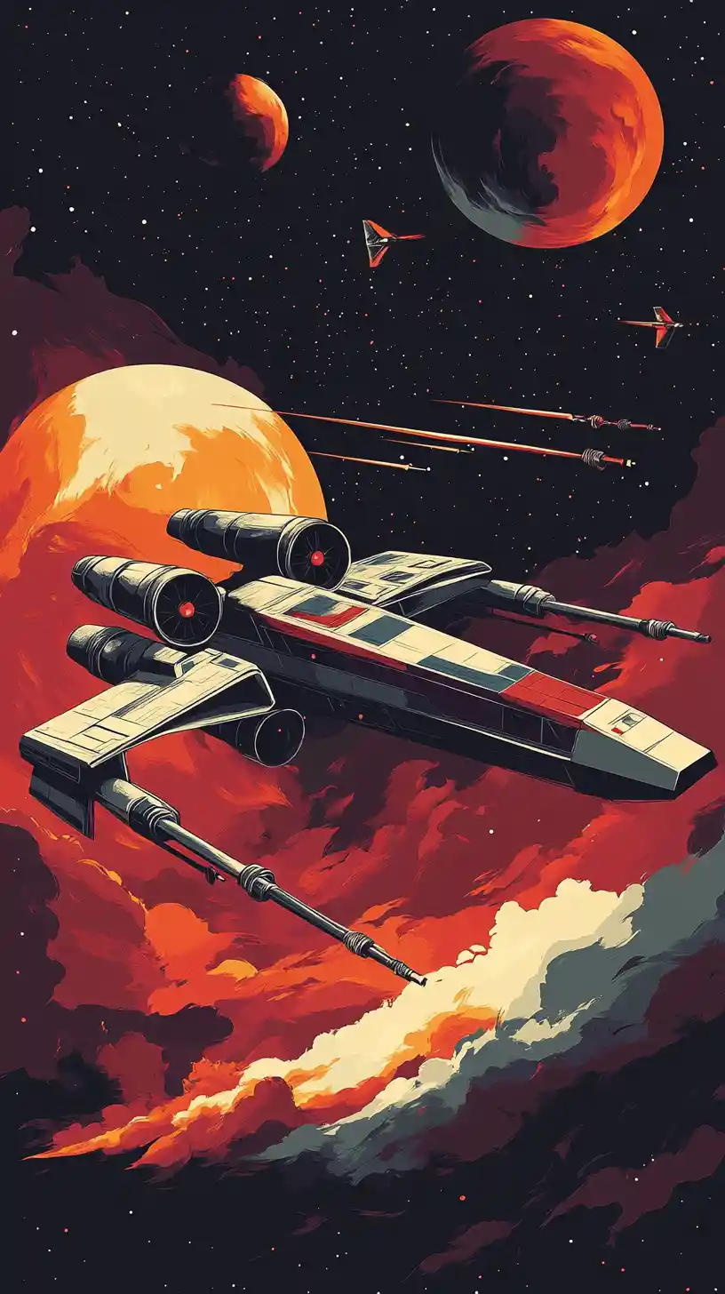 X wing spaceship diving through atmospheric battle scene
