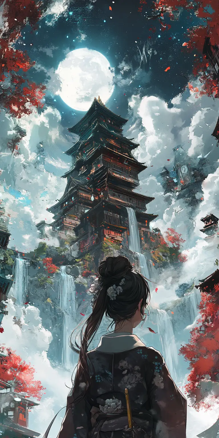 Anime girl with white hair bun and black kitten dream