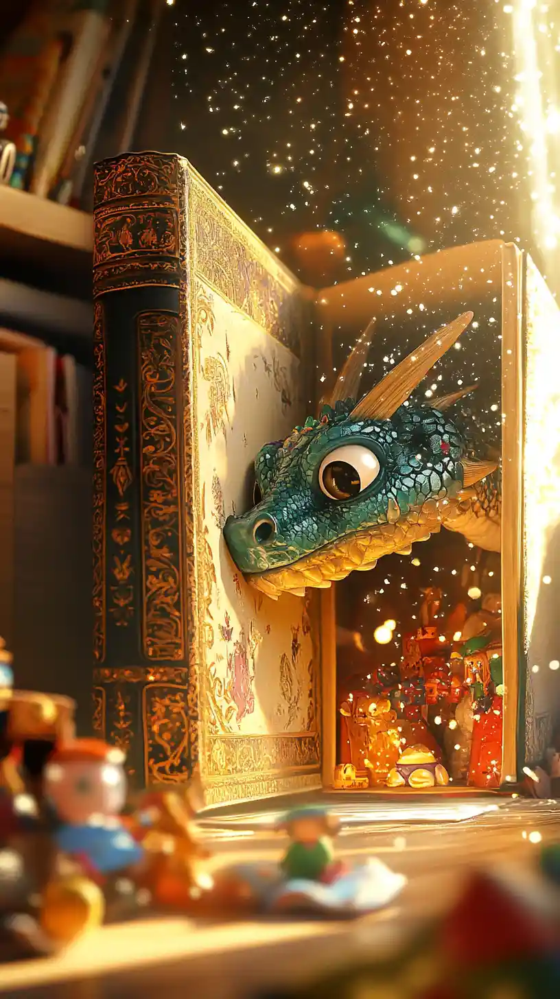 Dragon Emerging From Fairy Tale Book In Toy Filled Room