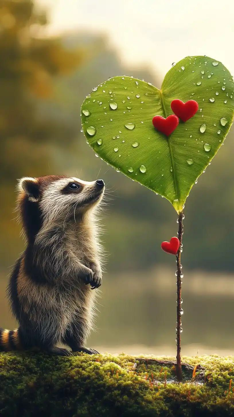 Cute raccoon with heart leaf in tranquil forest scene