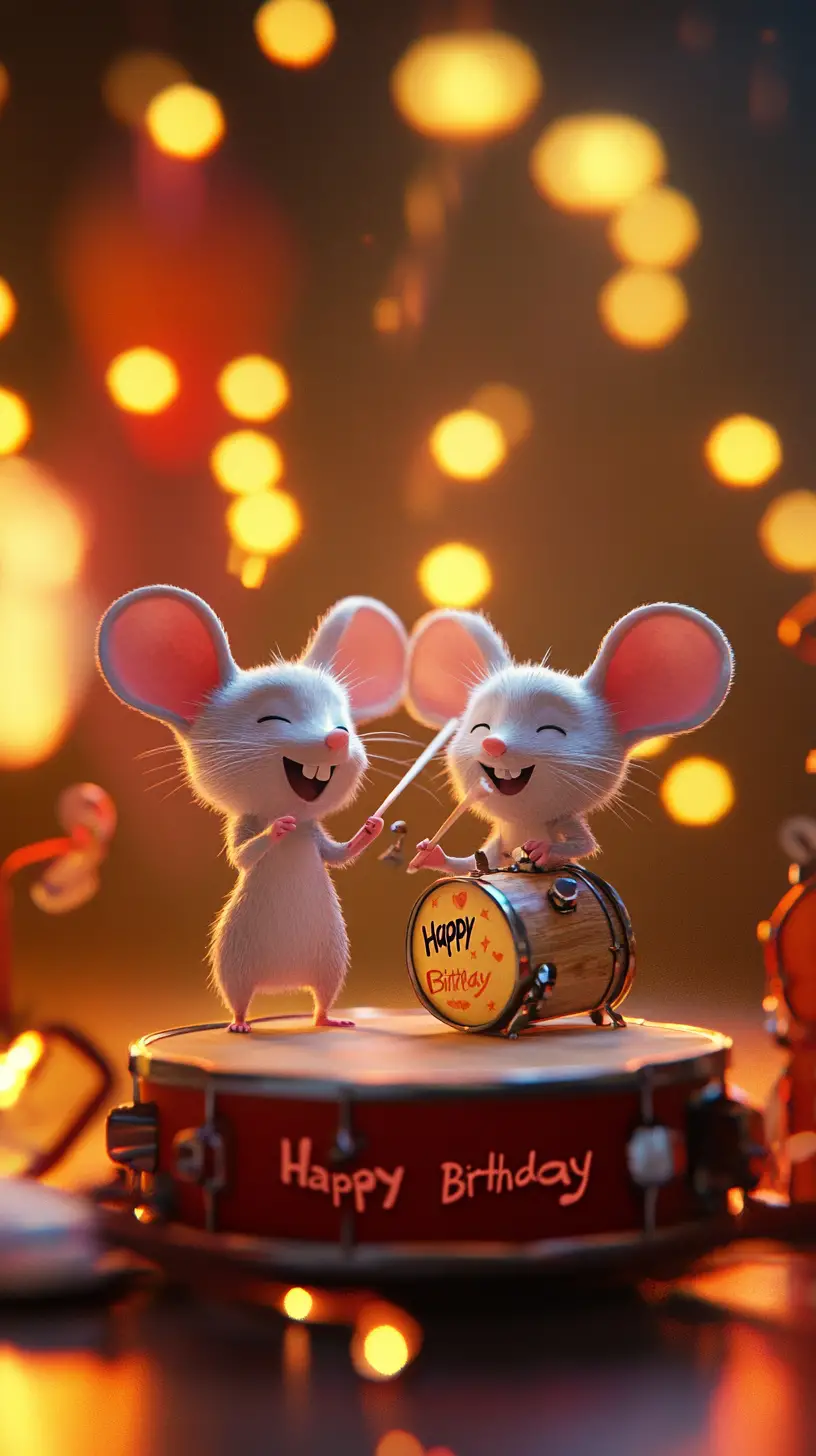 Pixar style mouse band playing happy birthday on stage