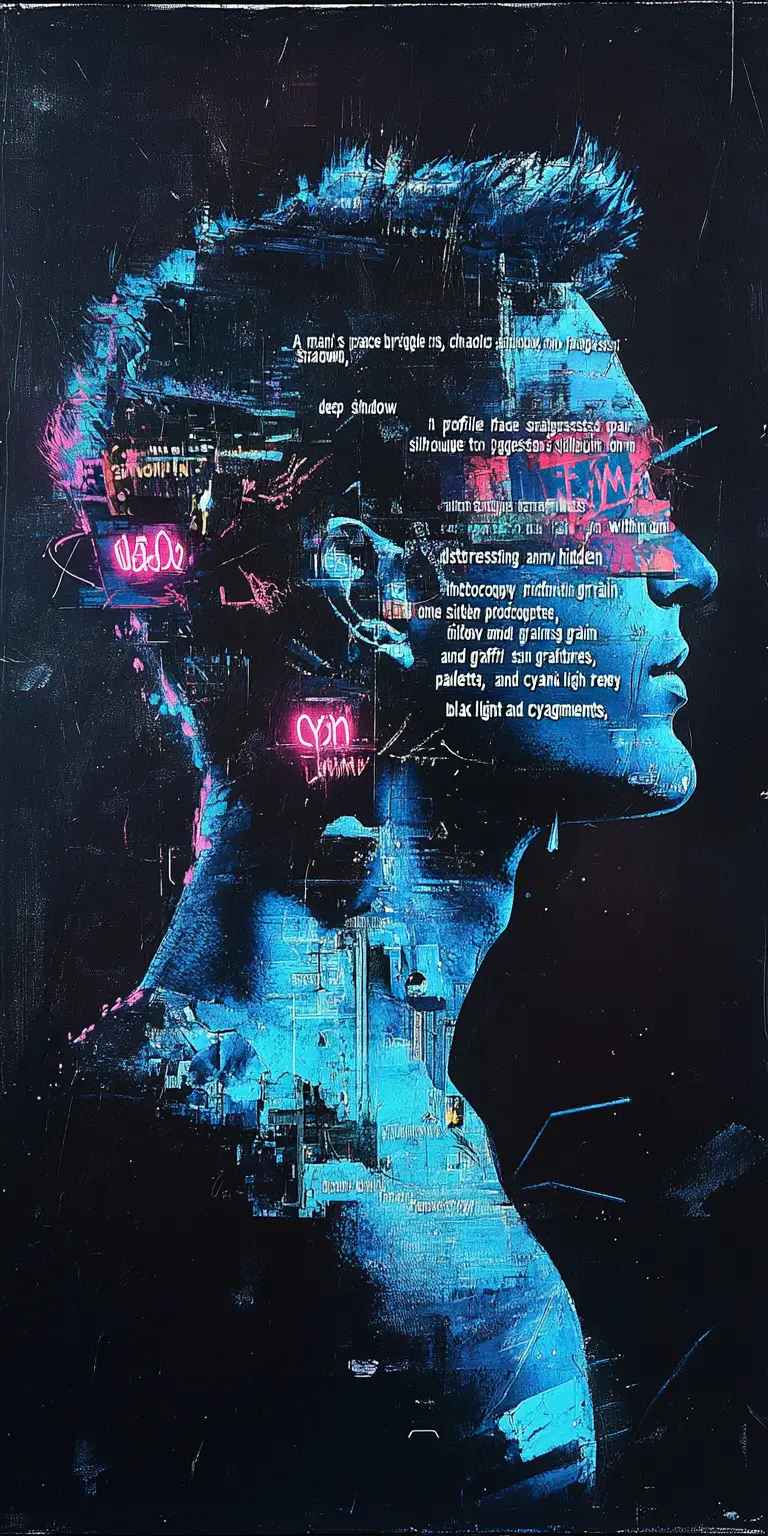 Man profile fragmented into torn poster collage silhouette