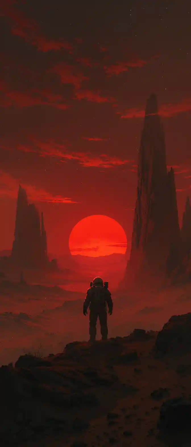 Lone astronaut on a dramatic martian sunset landscape