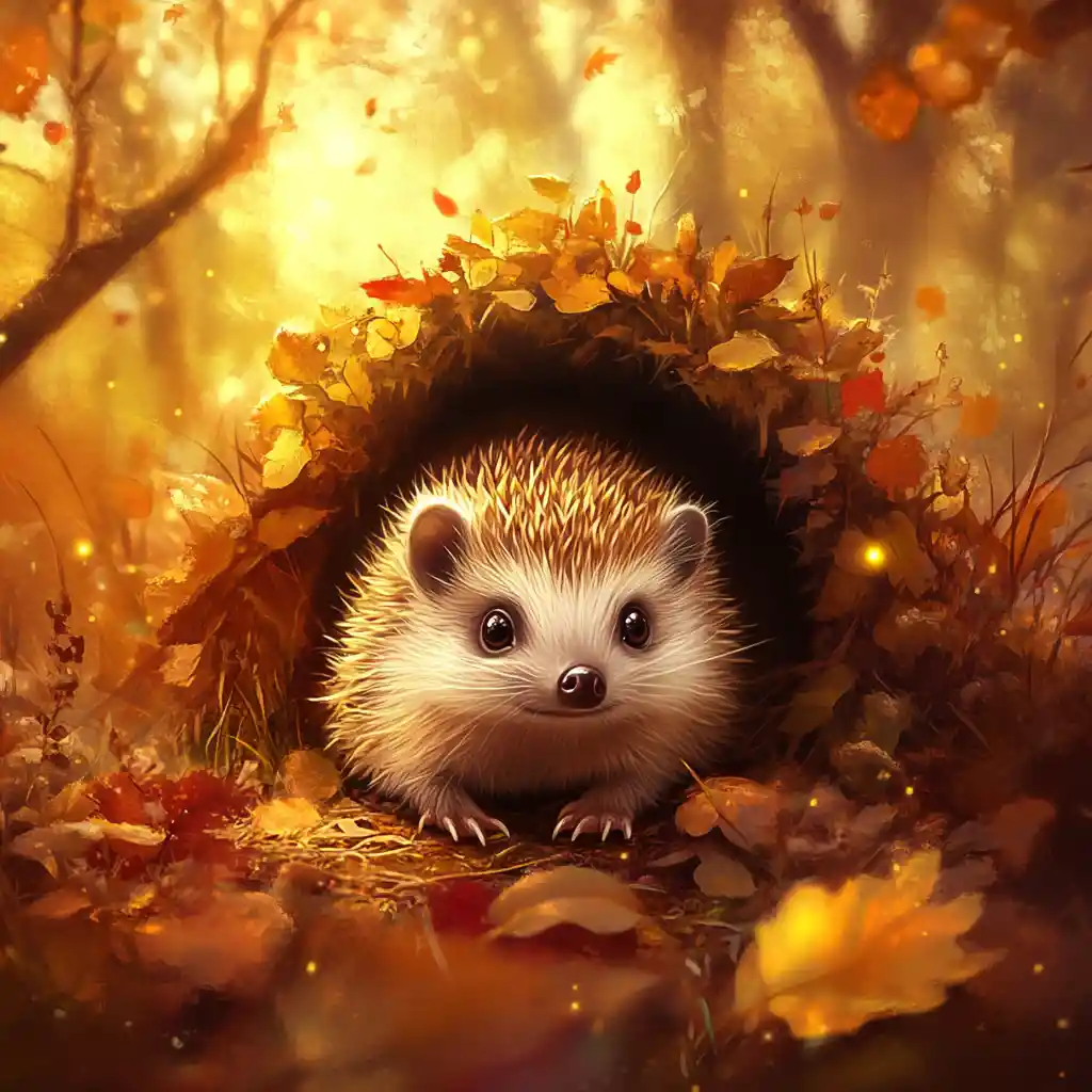 Cute Hedgehog Resting In A Cozy Autumn Cave